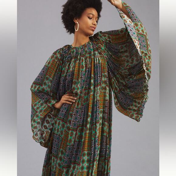 EUC Carolina K x Anthropologie green patterned pleated dress - Picture 2 of 15